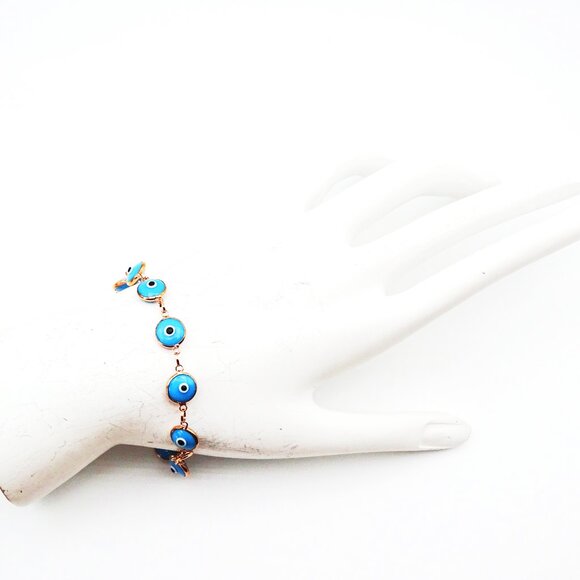 SAVVY CIE JEWELRY Sterling Silver Rose Gold Plated Blue Enamel Evil Eye Bracelet - Picture 5 of 5